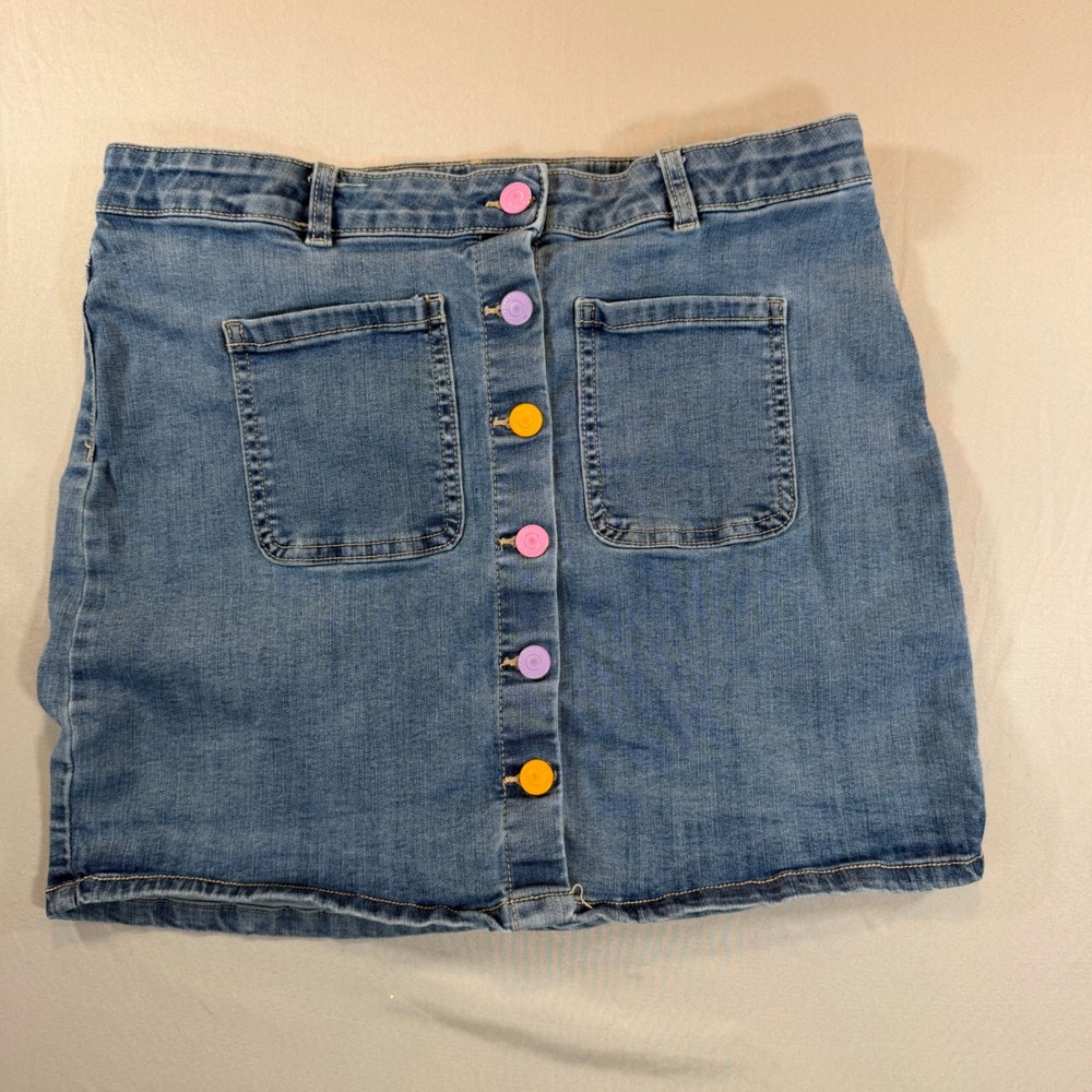 Blue Denim Button Front Mini Skirt Size 16.5 Plus Girls Women's Small Festial - Picture 1 of 10